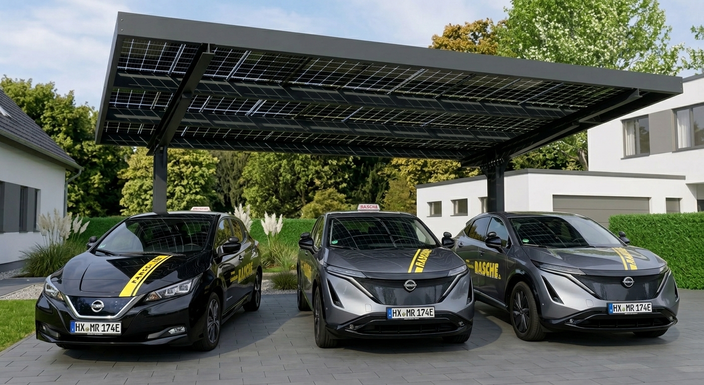 Drei Elektrofahrzeuge der Fahrschule unter einem Solardach